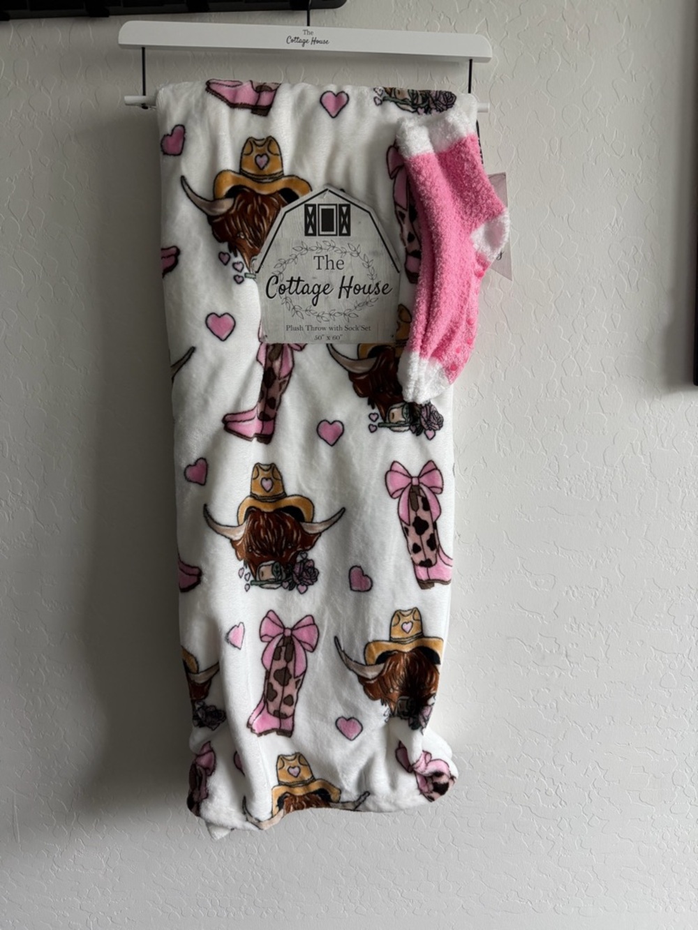 The Cottage House Plush Throw with Pink Heart Cowgirl Print and cozy socks set